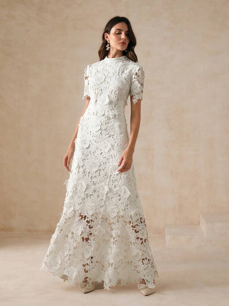 White Slim Fit Lace Trimmed Women's Dress For Holiday Party Clothes Maxi  Women Outfit | SHEIN USA