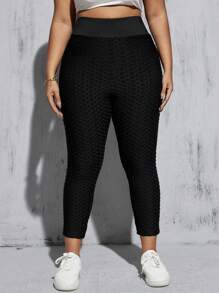 SHEIN Essnce 大码女式夏季休闲运动高腰提臀纹理面料紧身裤和长裤，夏季女装，女式下装，夏季裤子，黑色紧身裤，女式裤子，曲线裤，夏季服装，夏季裤子 - 黑色 - 查看 5