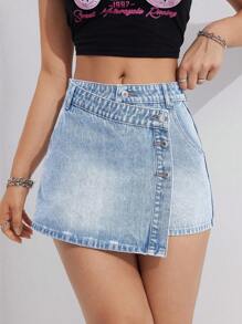 SHEIN EZwear Button Front Wrap Denim Mini Skirt - Light Wash - View 4