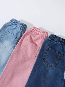 SHEIN Conjunto informal de 3 piezas de ajuste holgado para niña joven, con pantalones vaqueros de pierna ancha de cintura elástica cómodos y casuales - Multicolor - Ver 3