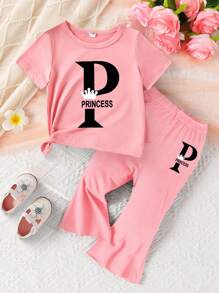 SHEIN Vintaside Kids Baby Girls Fun Letter Printed Short Sleeve Top And Flared Pants Set, Spring/Summer - Pink - View 1