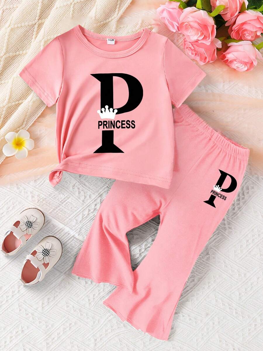 SHEIN Vintaside Kids Baby Girls Fun Letter Printed Short Sleeve Top And Flared Pants Set, Spring/Summer - Pink - View 1
