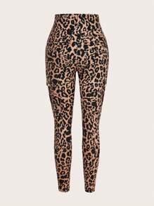 SHEIN Essnce Pantalon décontracté tricoté avec poches multiples élastiques et imprimé léopard d'été - Kaki - Voir 7