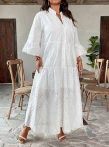 Breezaya Plus Size Vakantie Casual Effen Kleur Uitgehold Borduurwerk Ingekeepte Hals Bell Mouw Jurk Maxi Dames Outfit