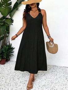 SHEIN Frenchy Plus Solid Ring Linked Tank Dress For Summer Vacation - Black - View 6