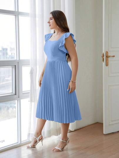SHEIN Privé Đầm đi làm cỡ lớn thanh lịch và trí tuệ với diềm xếp nếp và tay áo Shamrock dành cho nữ, Ngày Thánh Patrick, in hình cỏ ba lá, dài vừa phải