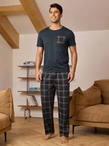 Men Solid Tee & Plaid Pants PJ Set / Pajama Set - Olive Green - View 8