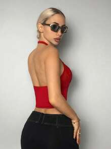 SHEIN ICON Slim-Fit Flame Mesh Splice Halter Neck Women's Tank Top