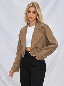 SHEIN Essnce Women's Spring/Summer Or Fall Clothes  Khaki Cropped Trench Coat In Olive Long Sleeve  Raglan Sleeve Double Button Crop Trench Coat For Spring & Autumn  Back To School Clothes  Teacher Clothes