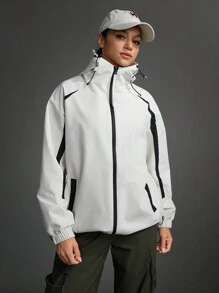 SHEIN Sports Sportowa kurtka z kapturem i zamkiem w blokach kolorów - Biały - Zobacz 9