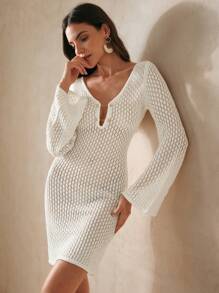 Anewsta Solid Color Women's Knitted Sweater Dress With Hollow Out Design, V-Neck And Long Sleeves For Summer Beach Vacation - White - View 3