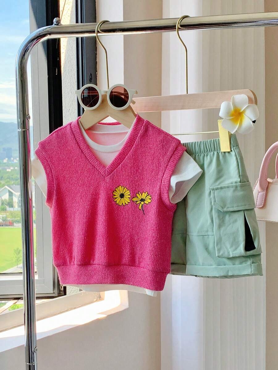 Baby Boys' Casual Daisy Ribbed Top With Utility Shorts, Fashionable And Stylish - Multicolor - View 1