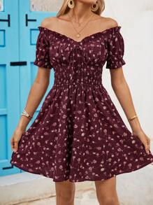 Vivid Eden Off Shoulder Ruffle Hem Summer Beach Dress For Women, High Waist - Burgundy - View 4