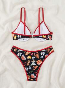 SHEIN Swim Summer Beach Food Print Contrast Binding Push Up Bikini - Red - View 2