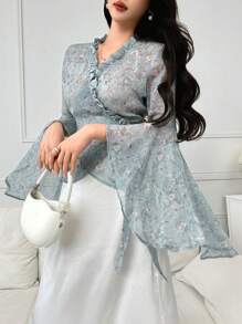 Modelyn Áo kiểu in hoa có viền xếp nếp tay áo có nút thắt bên hông - Nhiều màu - Xem 1