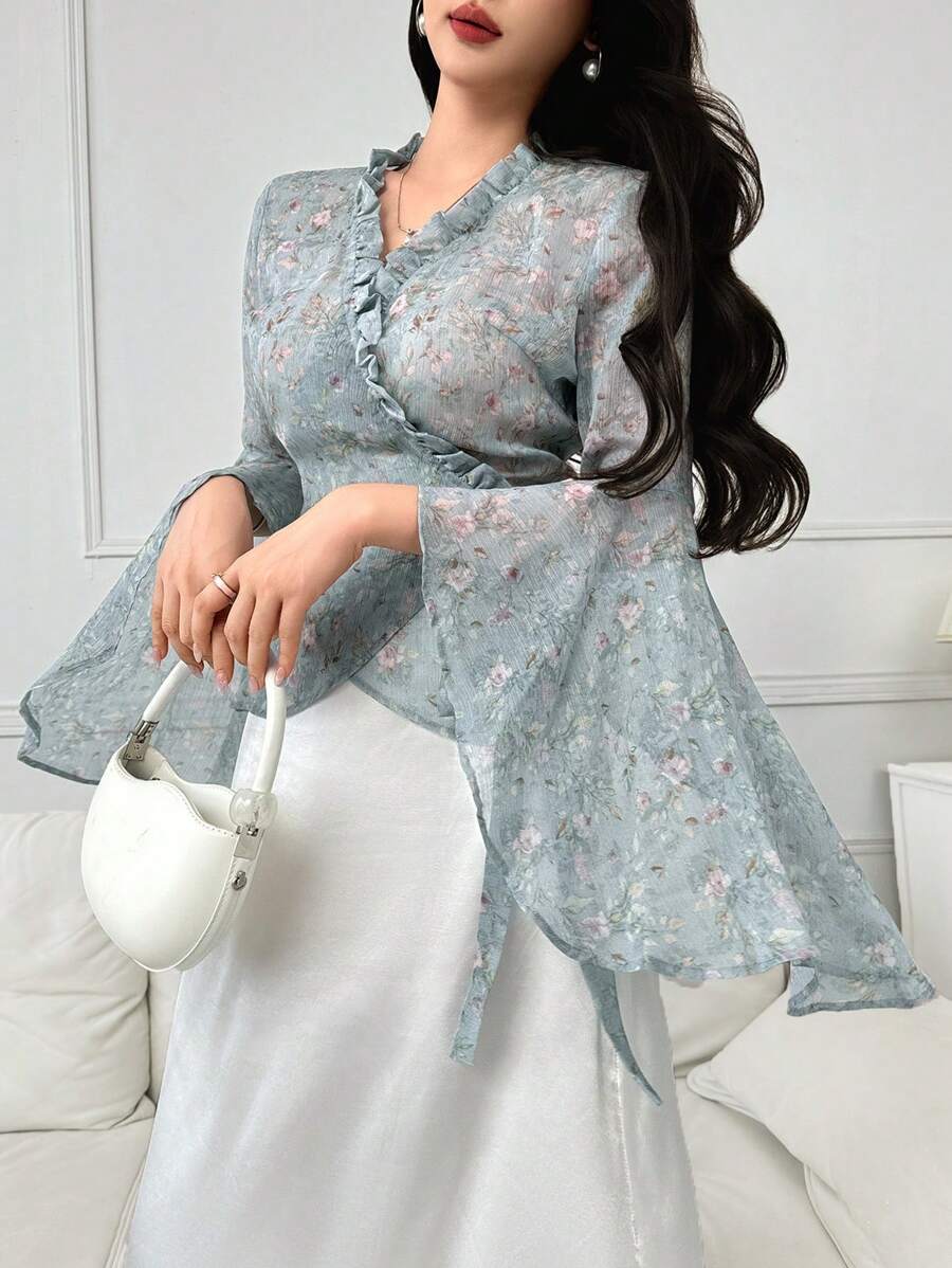 Modelyn Áo kiểu in hoa có viền xếp nếp tay áo có nút thắt bên hông - Nhiều màu - Xem 1