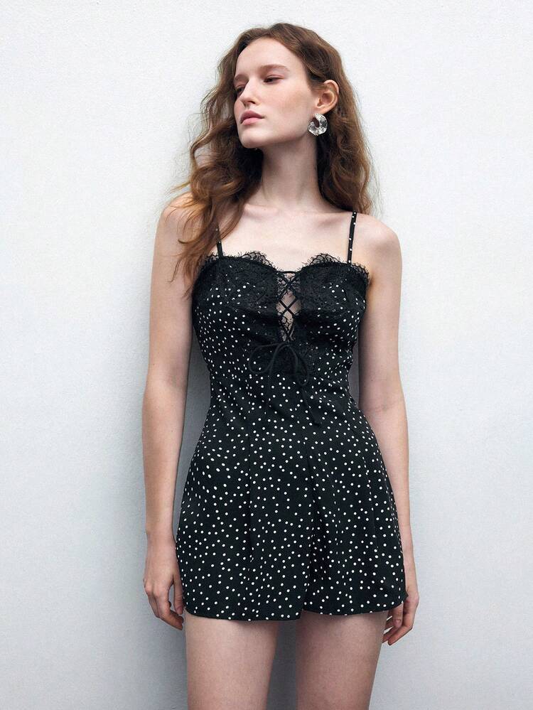 SHEIN Maija Women's Vintage Elegant Polka Dot Contrast Lace Trim Jumpsuit For Birthday