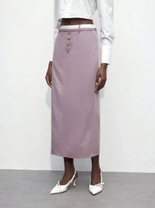 Maija 女士秋季返校装 - 撞色腰带拼接前开襟金属纽扣直筒裙