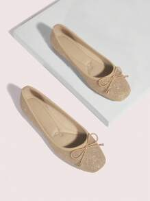 CUCCOO DOLLMOD Women Shoes Fashion Bow Decor Square Toe Champagne Glamorous Summer Glitter Ballet Flats For Summer Vacation Shoes Summer Elegant Flats Spring Shoes Spring Break Easter For Christmas - Champagne - View 5