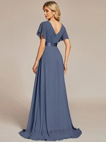 Elegant V-Neck Ruffle Butterfly Sleeve Blue Bridesmaid Dress, Guest Dress For Spring Semi-Formal Occasions Like Wedding, Birthday Party, Graduation, Valentine's Day - Blue - View 3