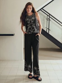 MOTF STUDIO EMBROIDERY WIDE LEG SUIT PANTS - Black - View 6