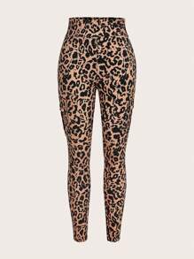 SHEIN Essnce Pantalon décontracté tricoté avec poches multiples élastiques et imprimé léopard d'été - Kaki - Voir 9