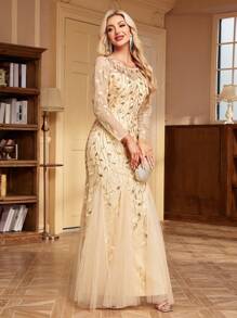 Đầm dạ hội dáng đuôi cá bằng vải lưới thêu sequin phối màu tương phản thanh lịch dành cho nữ, đầm dạ hội màu vàng, đầm dự tiệc cưới, trang phục dự tiệc trang trọng ngày lễ. - Vàng - Xem 7