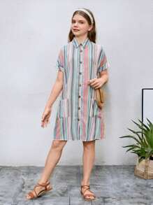 Tween Girl Loose Casual Cotton Color-Block Striped Two Pocket Batwing Sleeve Shirt Dress