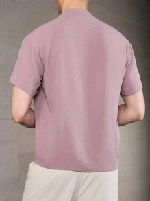 Manfinity Homme Men's Summer Solid Color Notched V-Neck Short Sleeve Casual Loose Shirt