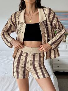SHEIN LUNE Juego de suéter de punto con cardigan de rayas y pantalones cortos de punto con hombros caídos