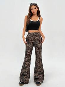 SHEIN EZwear Y2K豹紋喇叭褲 - 彩色 - 查看 6
