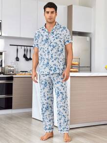 Bộ đồ ngủ dài tay cổ bẻ dài tay in mực cho nam - Màu xanh lam - Xem 5