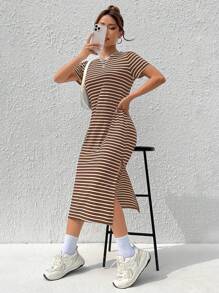 SHEIN EZwear Women's Summer Casual Coffee Brown Knitted Striped Dress With Side Slit Hem - Coffee Brown - View 3