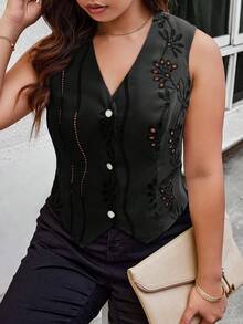 Calvaya 加花卉刺繡的不對稱黑色背心外套 - 黑色 - 查看 4