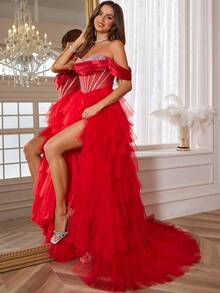 Vestidos de noche de gala con lentejuelas y cristales, vestidos de bola con aberturas y esponjosos, vestidos de fiesta y graduación para mujeres, vestido de fiesta, vestido de invitada de boda, vestido de noche - Rojo - Ver 7