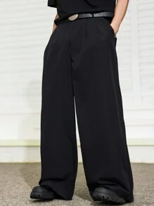 Manfinity Hypemode Men's Summer Simple And Stylish Black Loose Fit Ultra Leg-Shaping Suit Pants ,Baggy Pants