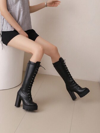 Ridstövlar med grov klack för kvinnor, Vår-/höstnyheter, Dragkedja bak, Smala tjocka ben, Stövlar med hög klack över knäna, Fest
