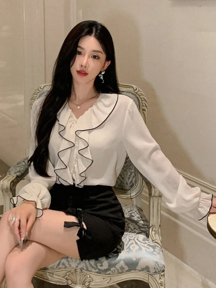Women's New Arrival Autumn Ruffled Trimmed Blouse Shirt,Long Sleeve Tops,Fall Women Clothes
