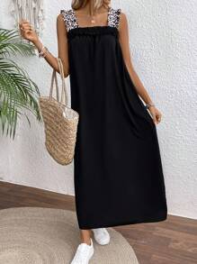 SHEIN LUNE Ladies Leopard Print Spaghetti Strap Long Dress - Black - View 1