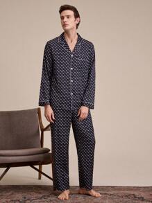 EverLounge 男士满版印花前纽扣长袖上衣和裤子睡衣套装/睡衣套装 - 黑與白 - 查看 7