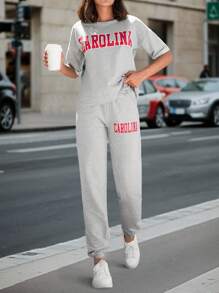 SHEIN Tall Letter Graphic Drop Shoulder Tee & Drawstring Waist Sweatpants, Tall Women - Grey - View 1