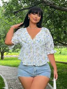 SHEIN Unity Plus Size Embroidery Burnout V-Neck Short Sleeve Women's Summer Shirt - White - View 4