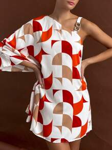 SHEIN Essnce Women's Asymmetrical Geometric Printed One Shoulder Dress With Metal Buckle - Multicolor - View 3