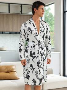 Men Floral Print Belted Sleep Robe - Black and White - View 6