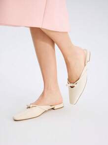 MOTF PREMIUM WOMEN SOLID COLOR SIMPLE BOWKNOT DECORATION POINTED TOE FLAT SHOES, FOR CHRISTMAS FALL NEW YEAR HOLIDAY - Beige - View 5