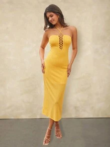 Forever 21 夏季海灘露背長款緊身黃色連肩無袖挖空連衣裙 - 芥末黃 - 查看 5