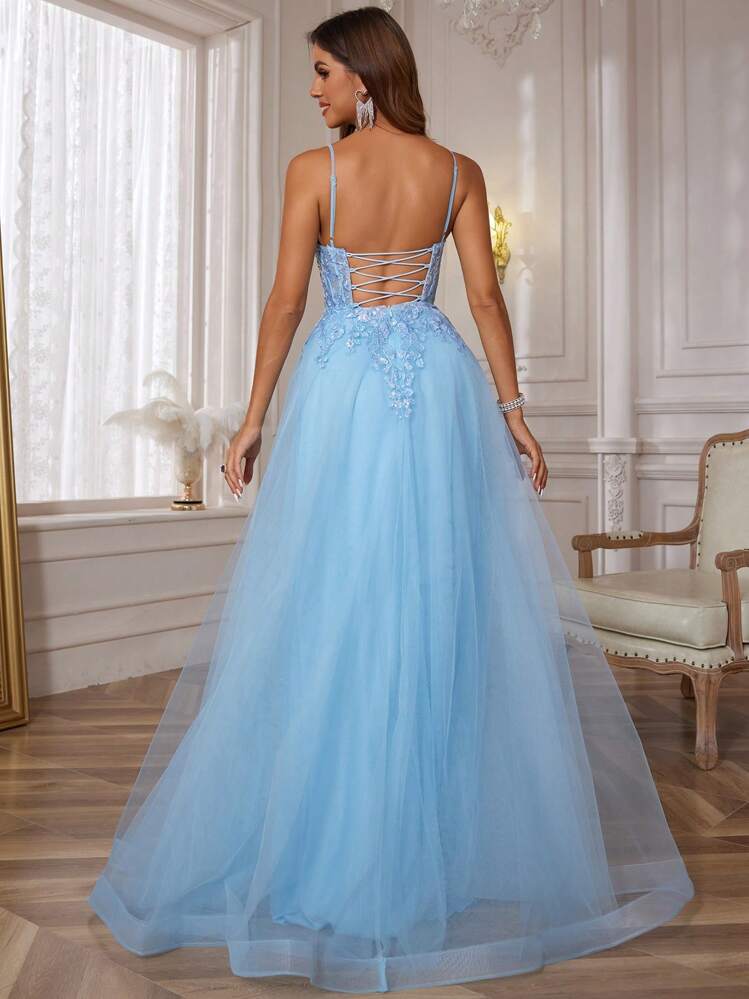 Spaghetti Strap Lace Prom Dresses With Butterfly Embroidered Long A Line Sparkly Applique Homecoming Dresses For Mesh Formal Evening Dresses With Boned Party Ball Gown For Women Lace Up Back Wedding Guest Dress, For Graduation, Dinner, For Valentine's Day - Mint Blue - View 2
