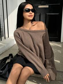 SHEIN EZwear 纯色卡其色插肩袖休闲毛衣，秋冬露肩毛衣