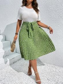 Celure Plus Ditsy Floral Print Pleated Hem Belted Dress For Summer