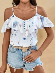SHEIN Frenchy Women's Floral Print Holiday Ruffle Blouse With Ruffle Trim
